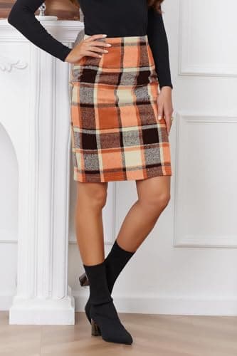 IDEALSANXUN Orange Wool Midi Skirt, 2024 Fall Women's Knee Length Plaid Slit Midi Skirt