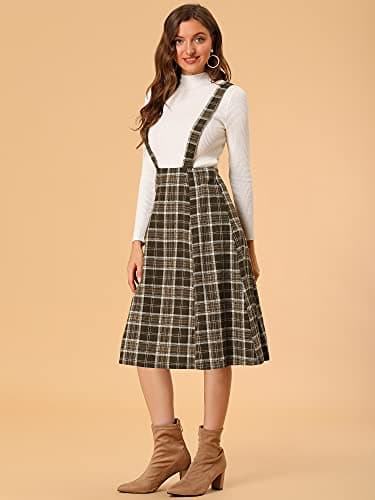 Allegra K Women's Vintage Tartan Suspender Midi Dress High Waist A-Line