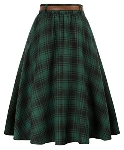 Belle Poque Women's Vintage Pleated Flared Midi Skirt with Pockets & Belt