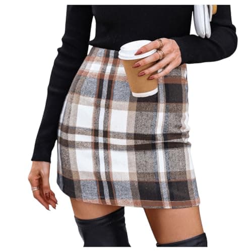 WDIRARA Women's Casual High Waist Plaid Stretch Skirt