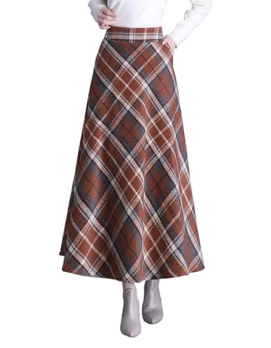 Biilyli Women's Plaid Wool Maxi Skirt with High Waist Elastic Waist — A Brown