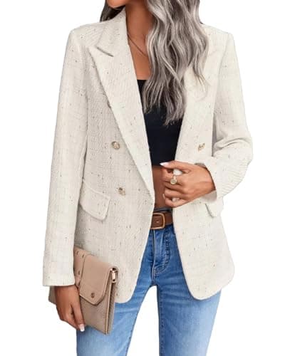 Mina Self 2025 Women's Spring Plaid Tweed Lapel Blazer Jacket with Pockets — 1-tweed/Beige