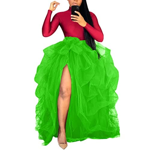 Women's Tulle Maxi Skirt with High Waist and Ruffle - A-Line Floor Length Wedding Skirt — 1-green