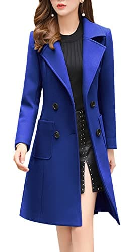 Chouyatou Women's Elegant Notched Collar Double Breasted Wool Blend Coat — Royal Blue