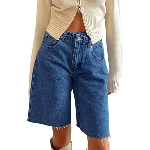 Winioder Y2K Wide Leg Denim Jean Shorts for Women — Dark Blue