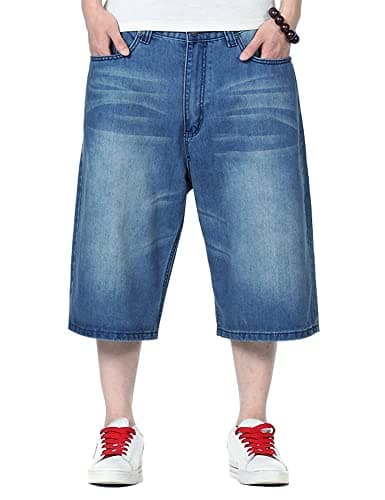 IDEALSANXUN Men's Baggy Casual Long Denim Jorts Shorts Loose Fit Trendy Styles — Mid Blue