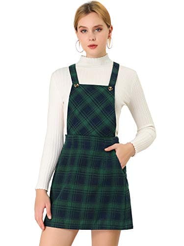 Allegra K Women's Plaid Overall Bib Dress with Adjustable Straps