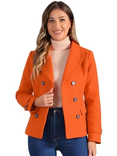 Allegra K Women's Notched Lapel Double Breasted Pea Coat — Orange