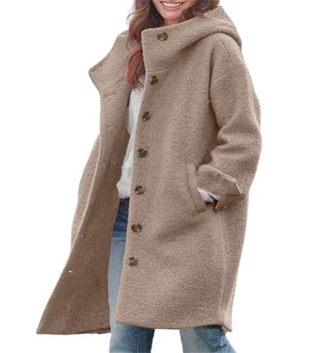 Chouuya Women's Winter Casual Long Wool Coat with Hood — Khaki