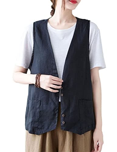 Zontroldy Women's Cotton Linen Vest with Pockets — 02 Black