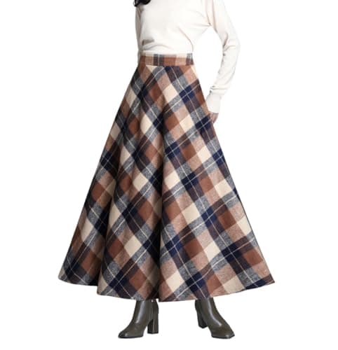 Vintage Wool Plaid Skirt for Women Fall Winter — Khaki