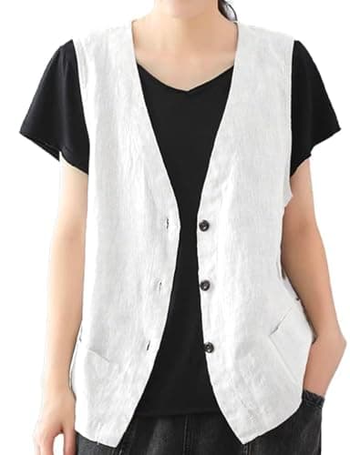 Women's Cotton Linen Vest Lightweight Jacket — White New