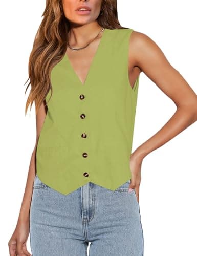 Floral Find Women's Casual Sleeveless V-Neck Business Vest with Pocket — Bright Olive Green