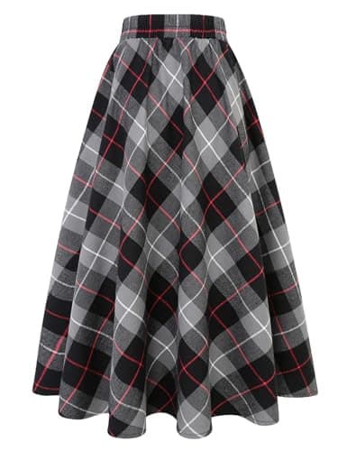 IDEALSANXUN Women's Plaid Elastic Waist A-Line Midi Skirt — Dark Grey