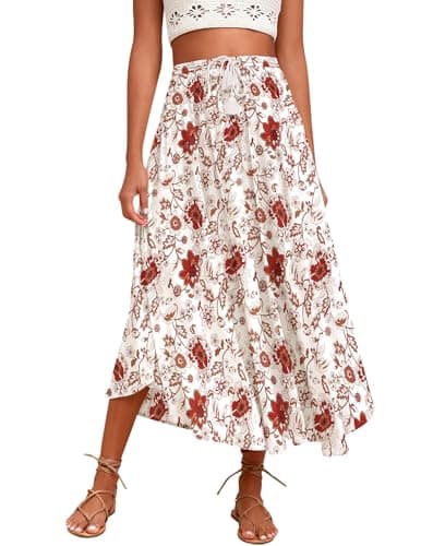 Zeagoo Women's High-Waisted Elastic Midi Skirt with Brown Leaf Print XXL — Ethnic Print