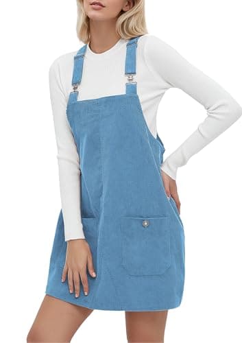 YUENIU Women's Stylish Corduroy Overall Dress with Adjustable Straps Pockets — Blue
