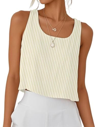 IDEALSANXUN Women's Cotton Linen Crop Top Summer Sleeveless Tops — Striped Beige