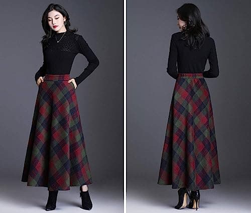 Vintage High Waist Plaid A-Line Maxi Skirt for Women