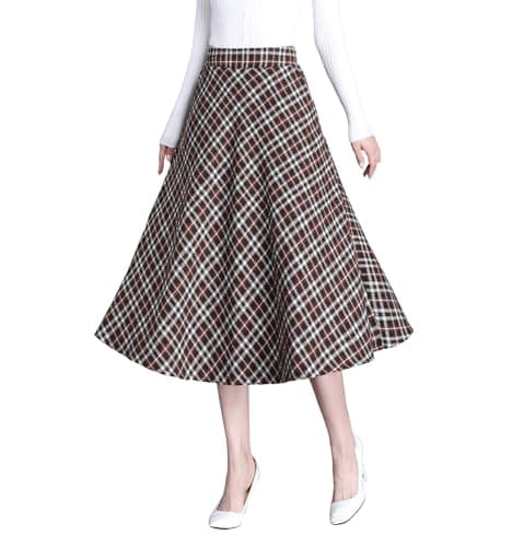 Biilyli Women's High Waist Wool Plaid Midi Skirt — Brown