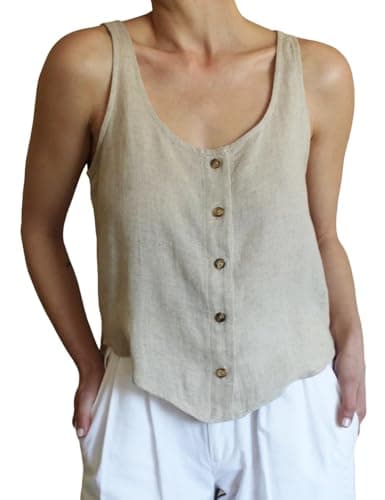 IDEALSANXUN Women's Linen Scoop Neck Button Down Sleeveless Top — Beige