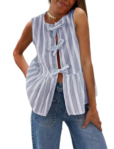 IDEALSANXUN Striped Linen Vest for Women Spring Summer