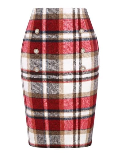 Women's Plaid Wool Pencil Skirt for Fall and Winter — Wine