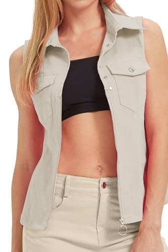 LIYEZ Women's Sleeveless Denim Vest with Pockets and Zipper — Color 13 Light Grey