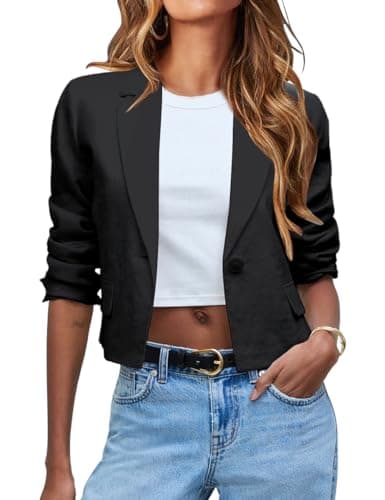 Womens Cotton Linen Cropped Blazer Suit — Black