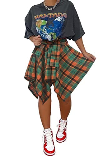 Atyfuniby Women's High Waisted Plaid Mini Skater Skirt with Knot Front — Green Orange