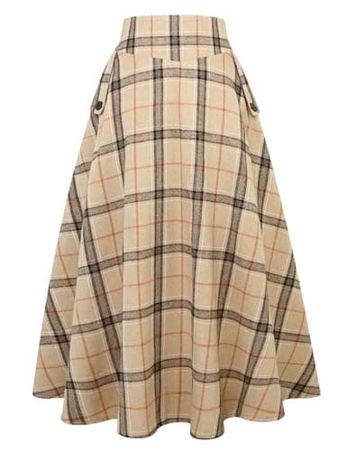 Women's Plaid High Waisted A Line Maxi Skirt with Pockets for Fall/Winter — Khaki