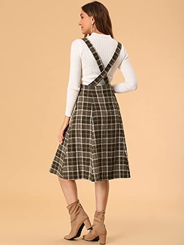 Allegra K Women's Vintage Tartan Suspender Midi Dress High Waist A-Line