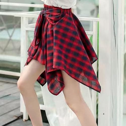 Women's Elastic Waist Plaid Mini Skater Skirt Knot Front Irregular Hem