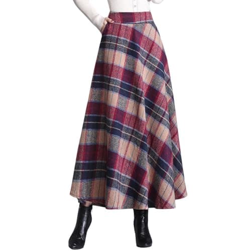 Women's Elastic Waist Plaid Wool Blend A-Line Skirt with Pockets