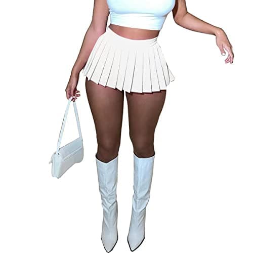 HAOYUAN Women's Mini Pleated Stretchy Skater Skirt — White