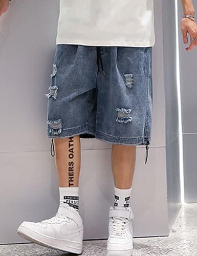 FCOOLYEET Mens Y2K Ripped Baggy Shorts Aesthetic Jeans
