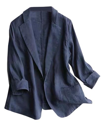 SOMTHRON Women's Casual Linen 3/4 Sleeve Blazer Jacket — Dark Blue