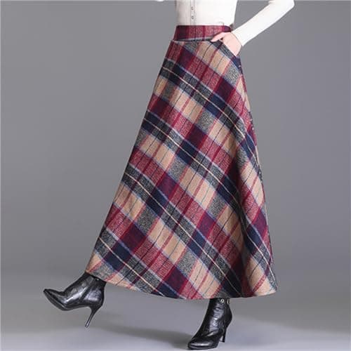 SANGTREE Women's High-Waist Flared Tartan Wool Skirt