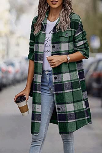PrettyGarden Women's Plaid Shacket Long Sleeve Button Up Flannel Winter Coat