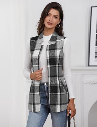 IDEALSANXUN Women's Wool Plaid Sleeveless Blazer Fall Winter Coat