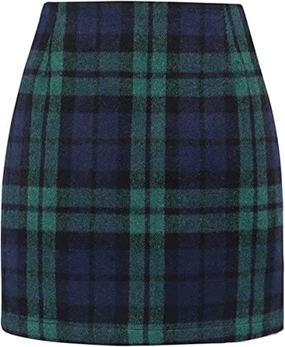 Women's High Waist Plaid Wool Mini Skirt — Green
