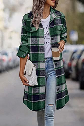 PrettyGarden Women's Plaid Shacket Long Sleeve Button Up Flannel Winter Coat