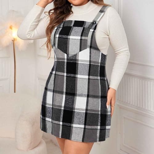 YADEOU Women Plus Size Cute Plaid Pinafore Dress with Pocket