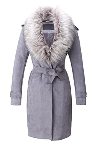 Bellivera Women's Faux Leather Trench Coat with Fleece Lining and Detachable Collar — Gray