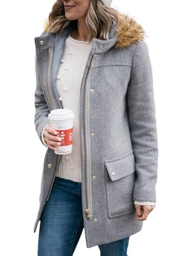 Shanfetl Women's Mid-Length Pea Coats with Faux Fur Hood — Grey