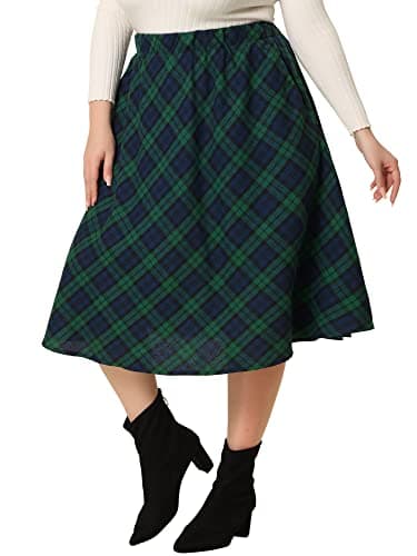 Agnes Orinda Plus Size 2024 A-line Plaid Flare Midi Skirt — Green