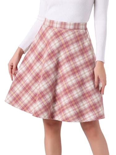 Allegra K Women's Vintage Tartan Knee-Length A-Line Elastic Waist Skirt — Pink Beige