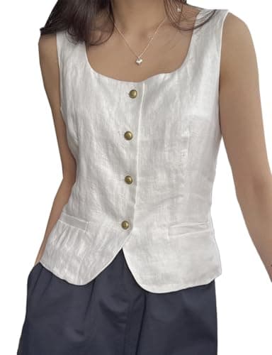IDEALSANXUN Women's Linen Tank Tops Casual Vest Shirt Blouse — White