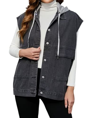 PAODIKUAI Women's Oversized Distressed Denim Vest Jackets — A-black With Hood