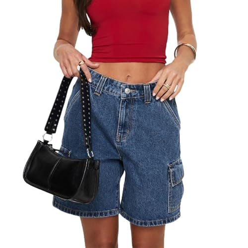 Winioder Y2K Wide Leg Denim Jean Shorts for Women — Cargo Dark Blue