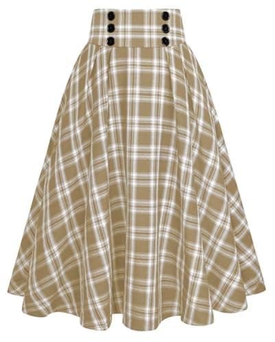 Belle Poque High Waisted Pleated Midi Plaid Skirt with Pockets — Khaki